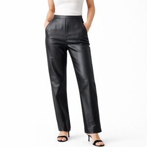 Black genuine Leather Straight-Leg Pants